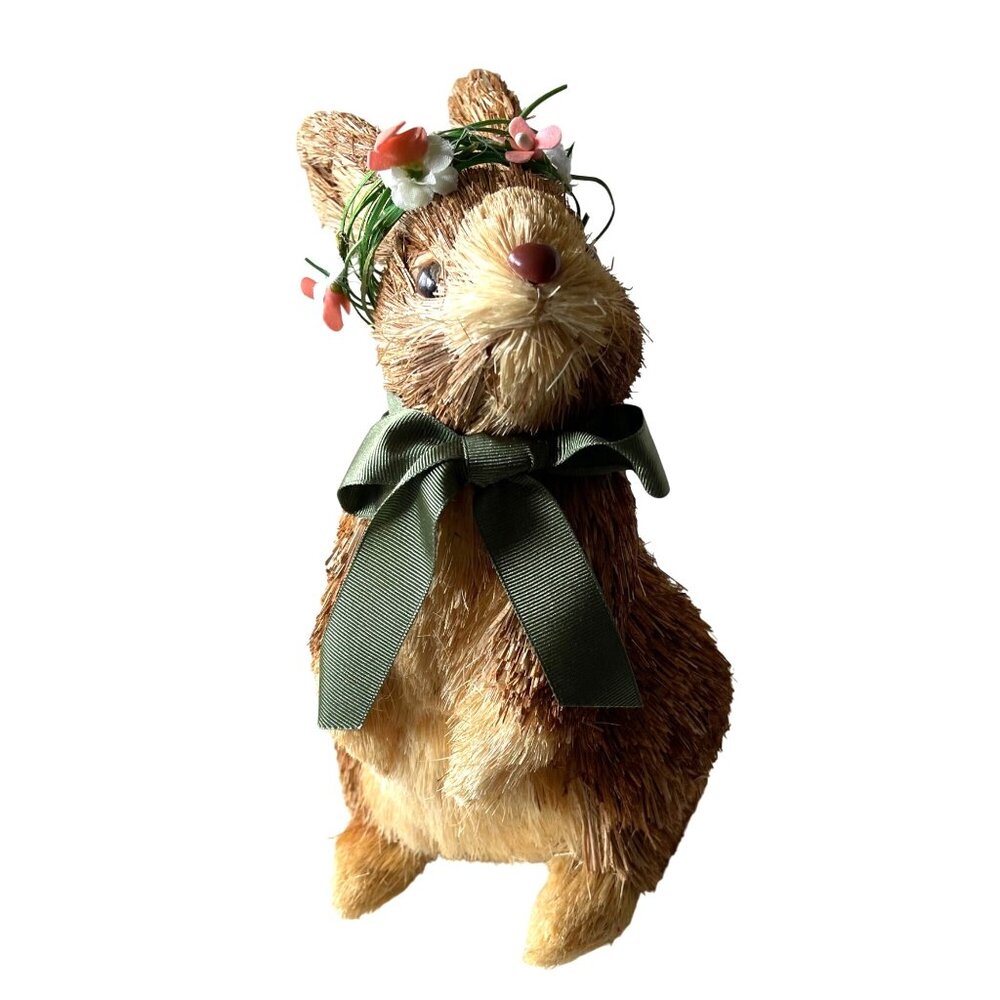 Pier 1 Adorable Straw Bunny With Green Ribbon Bow & Floral Crown Spring